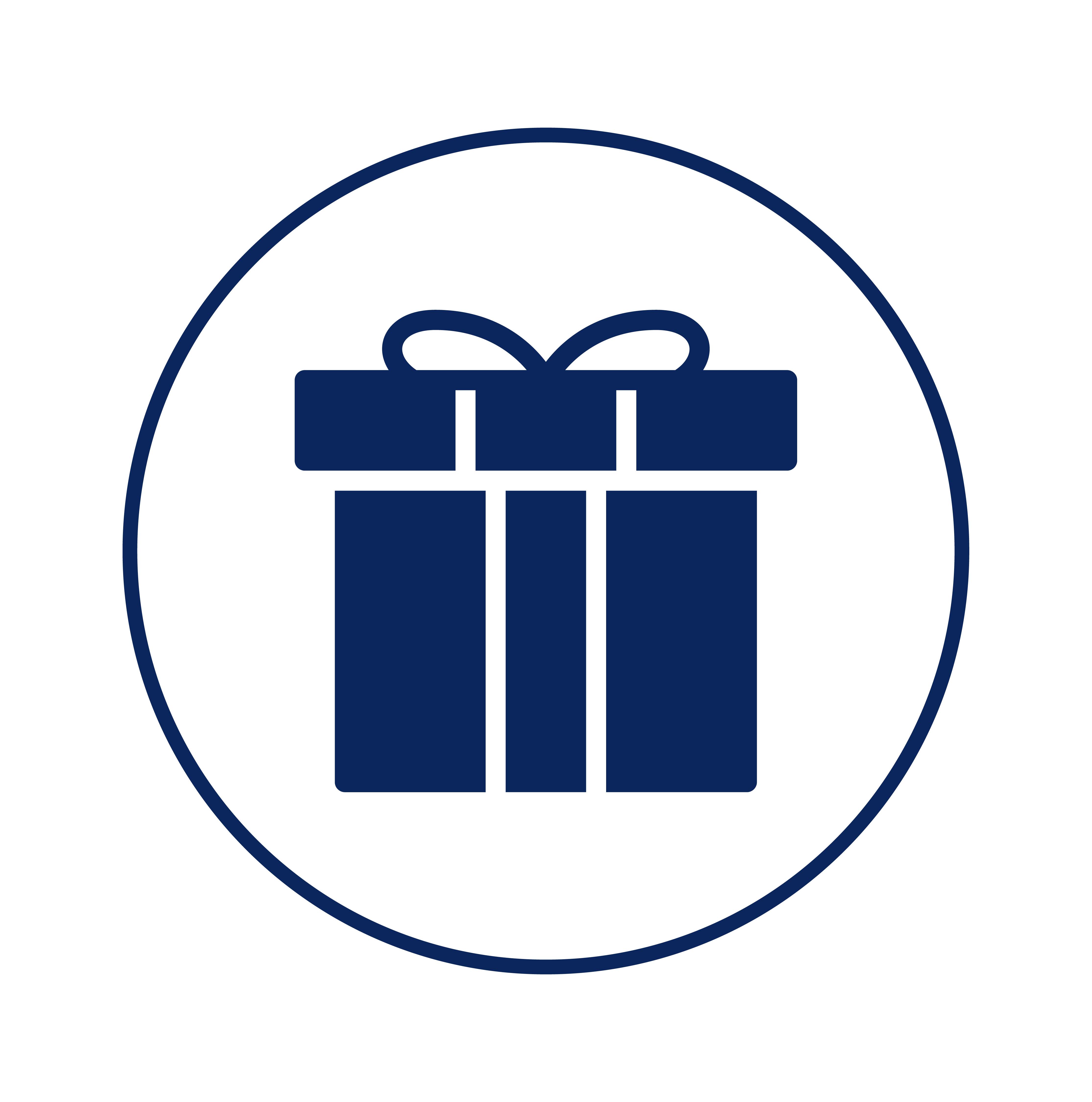 A dark blue icon of a gift box with a bow, enclosed in a circle.