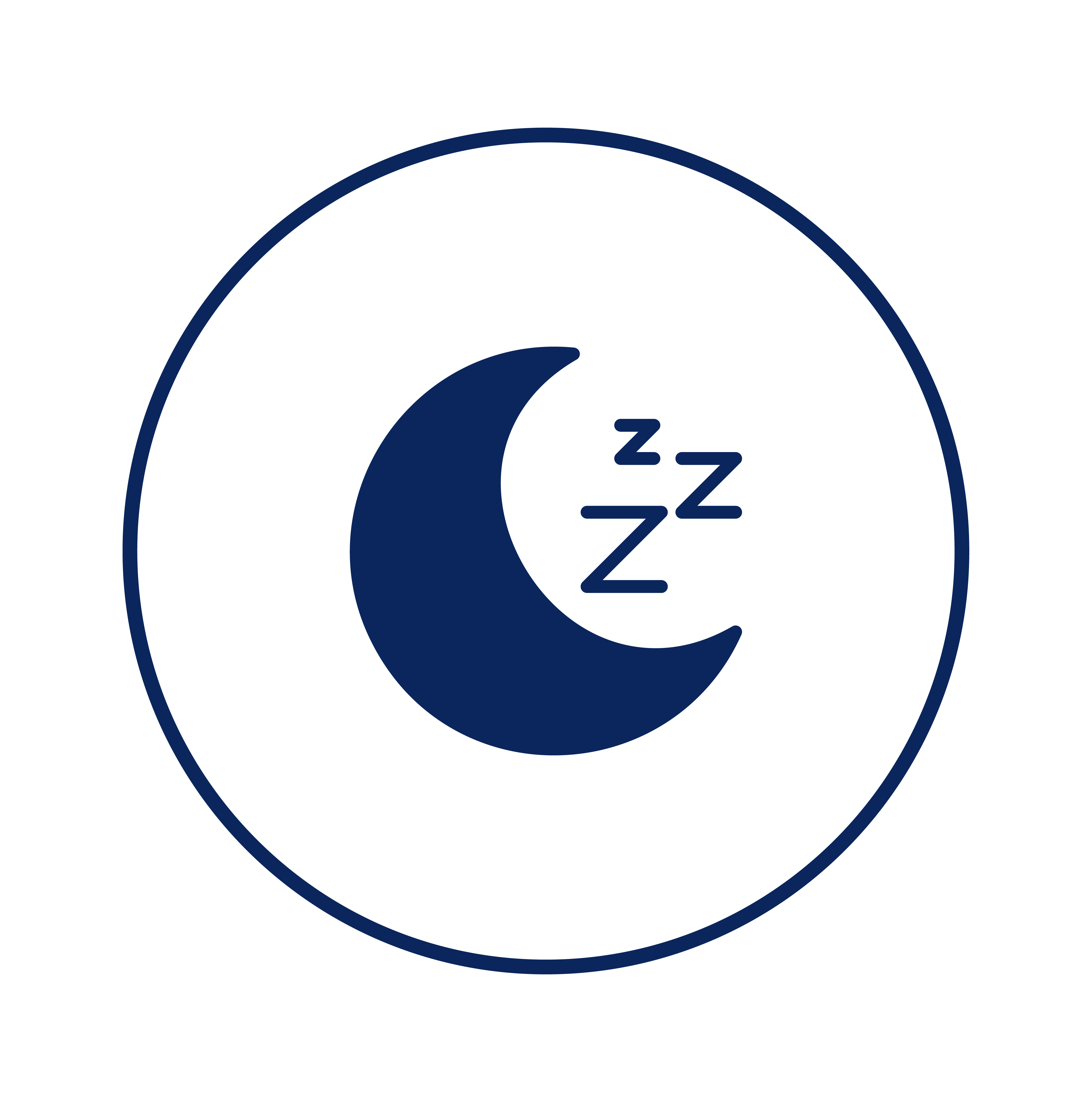 A blue icon of a crescent moon with Z's next to it, enclosed in a circle, representing sleep.