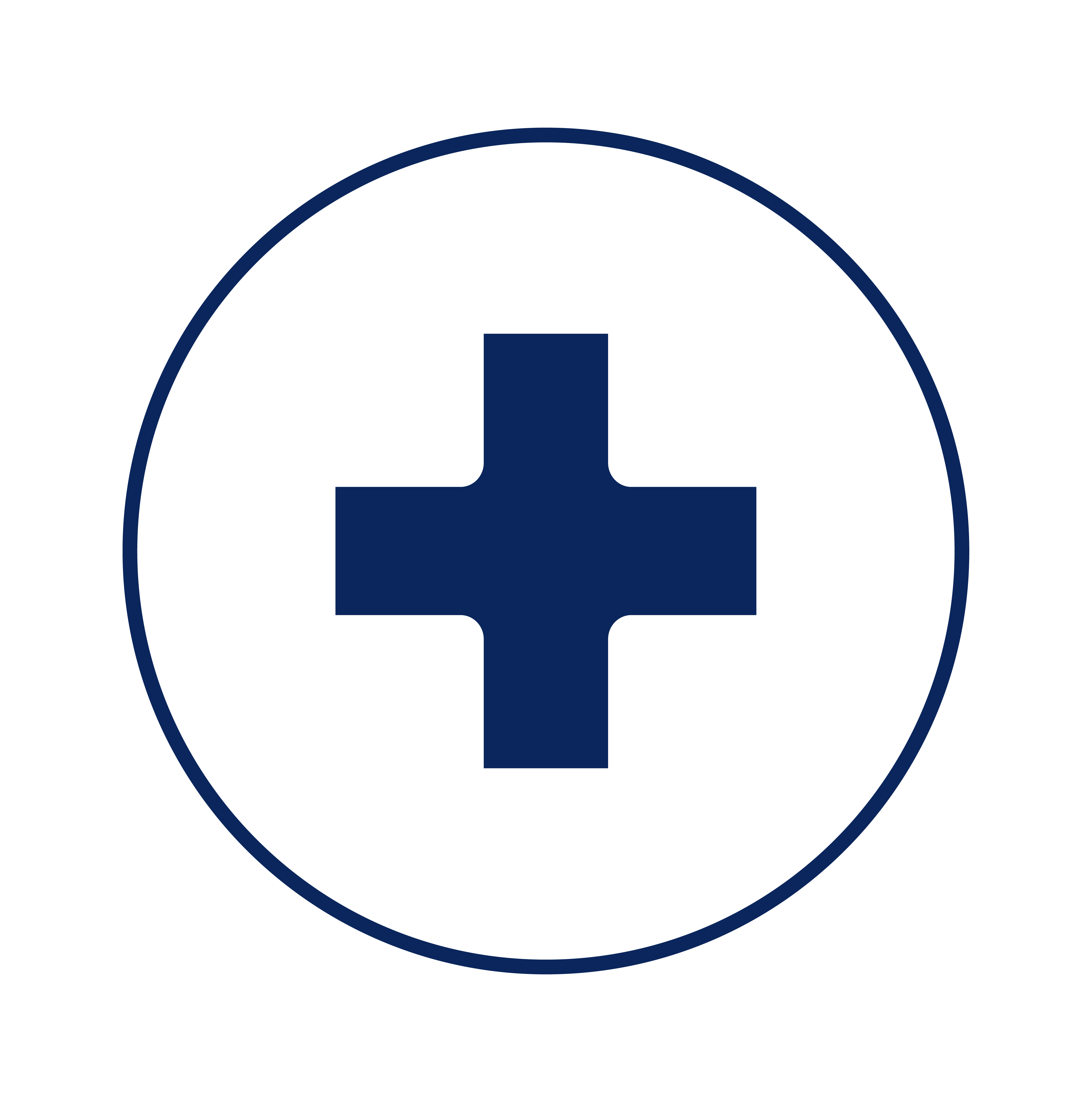 A dark blue plus sign inside a thin dark blue circle on a white background.