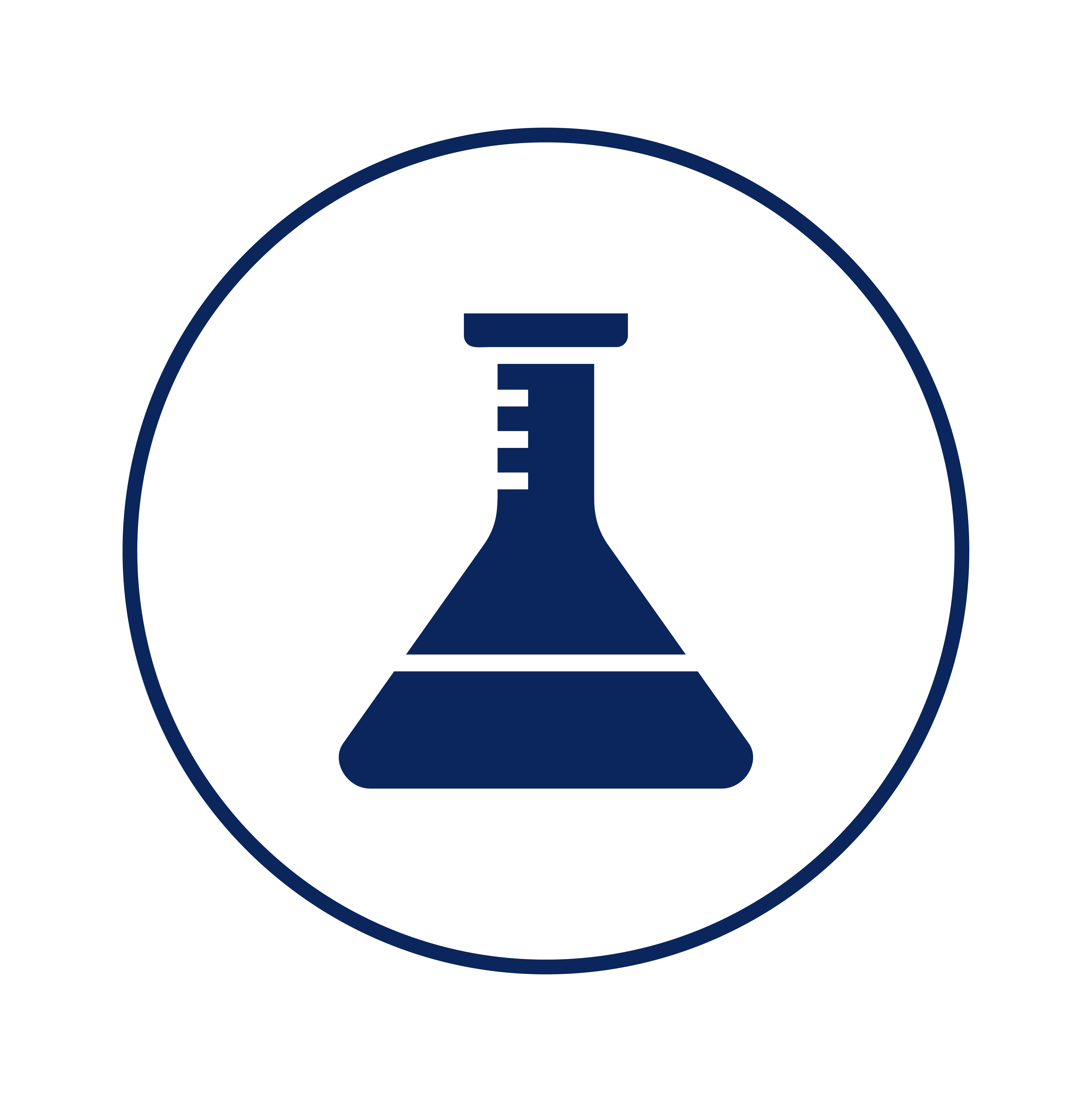 A blue icon of a laboratory flask with measurement lines, enclosed in a circle on a white background.