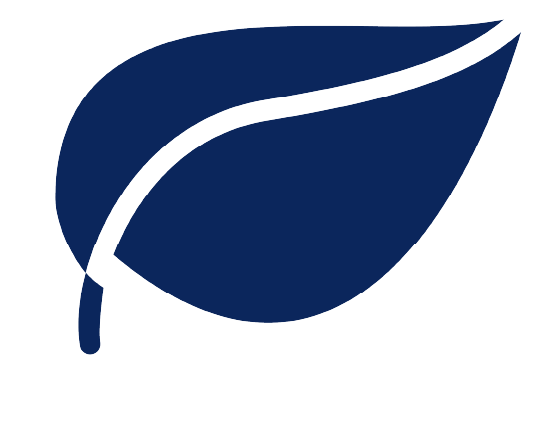 A stylized graphic of a dark blue leaf on a white background.