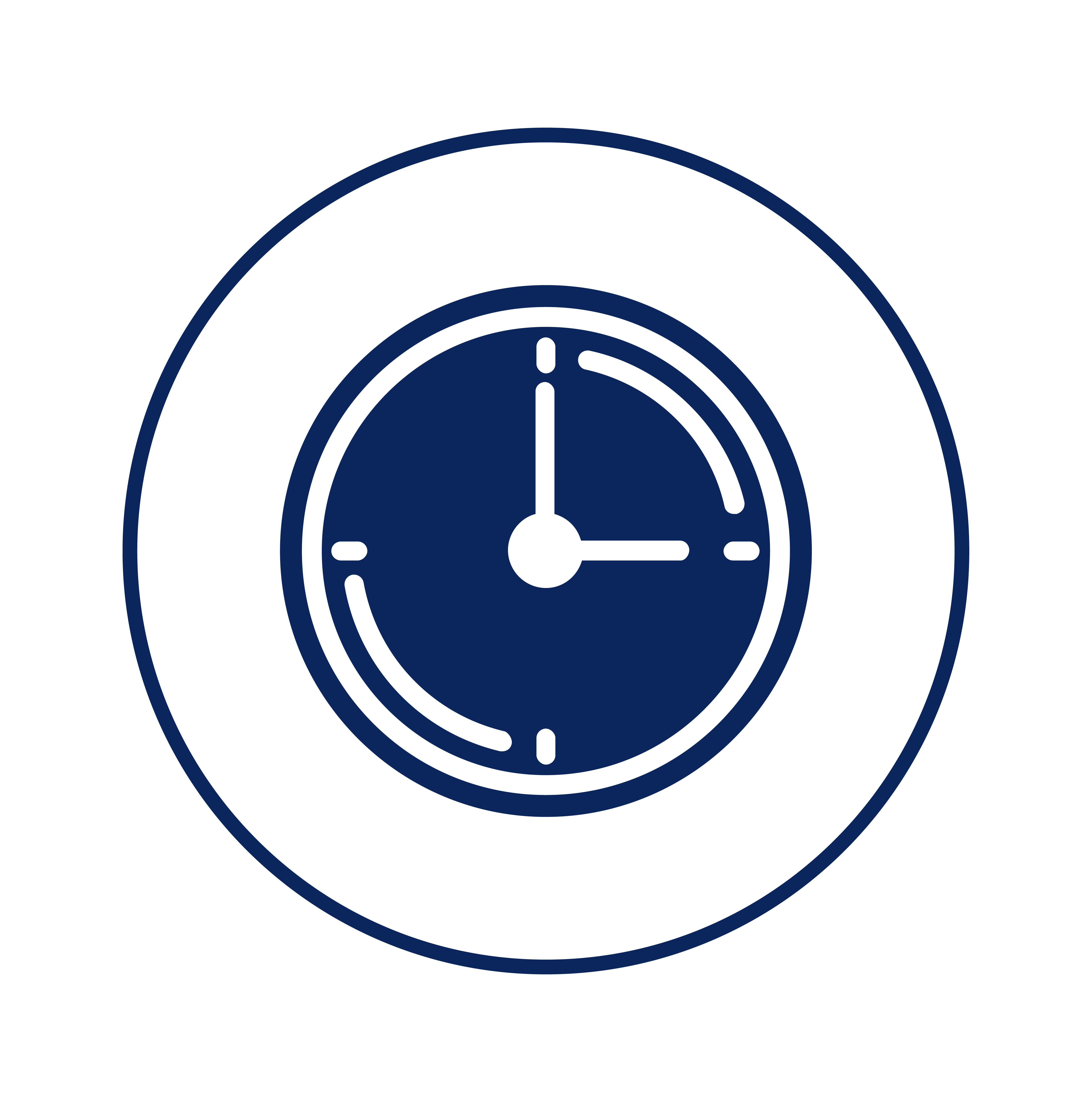 A dark blue icon of an analog clock, with hands at 9 o'clock, inside a thin circle.