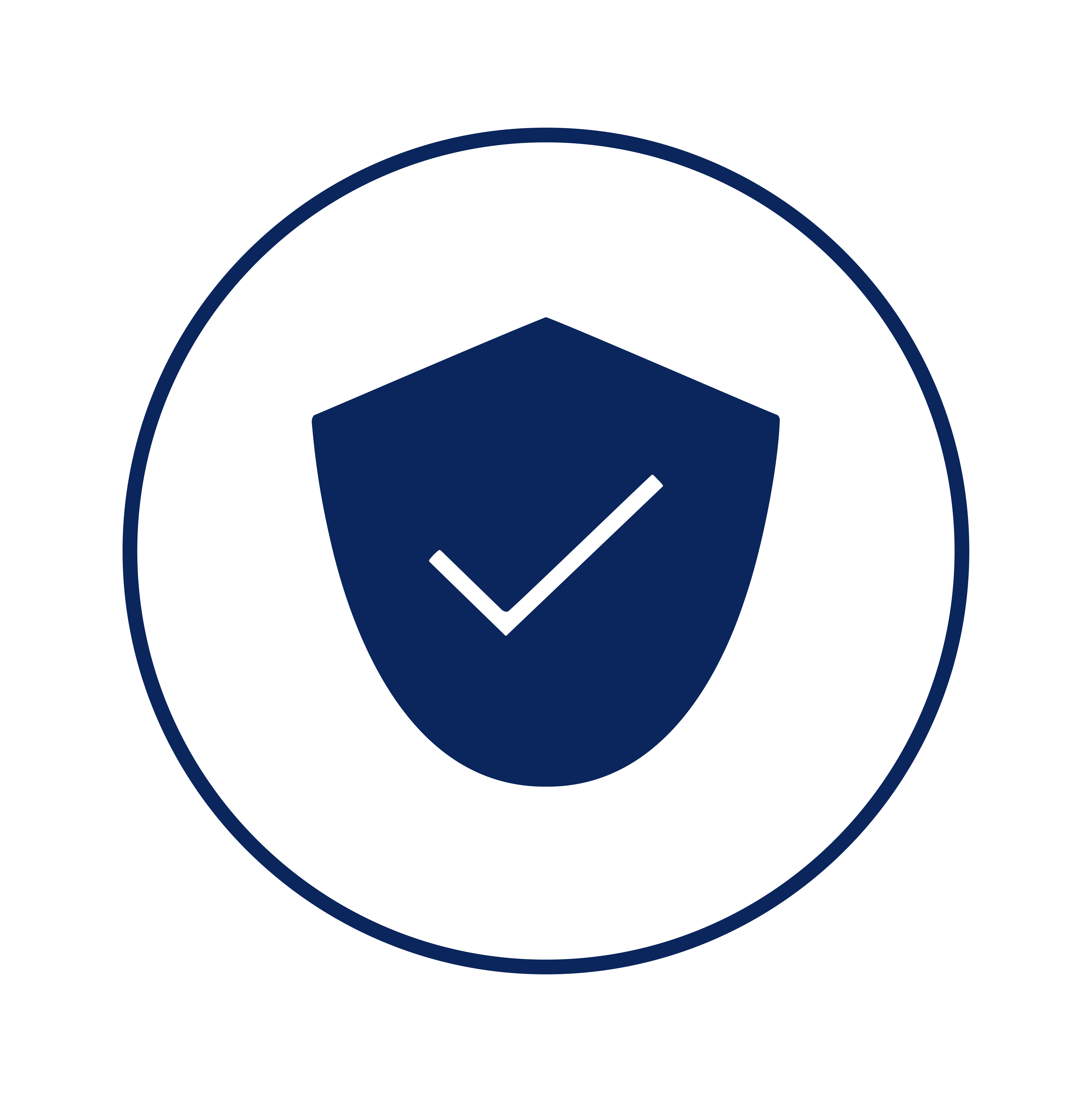A dark blue shield icon with a white checkmark inside, enclosed within a circle.