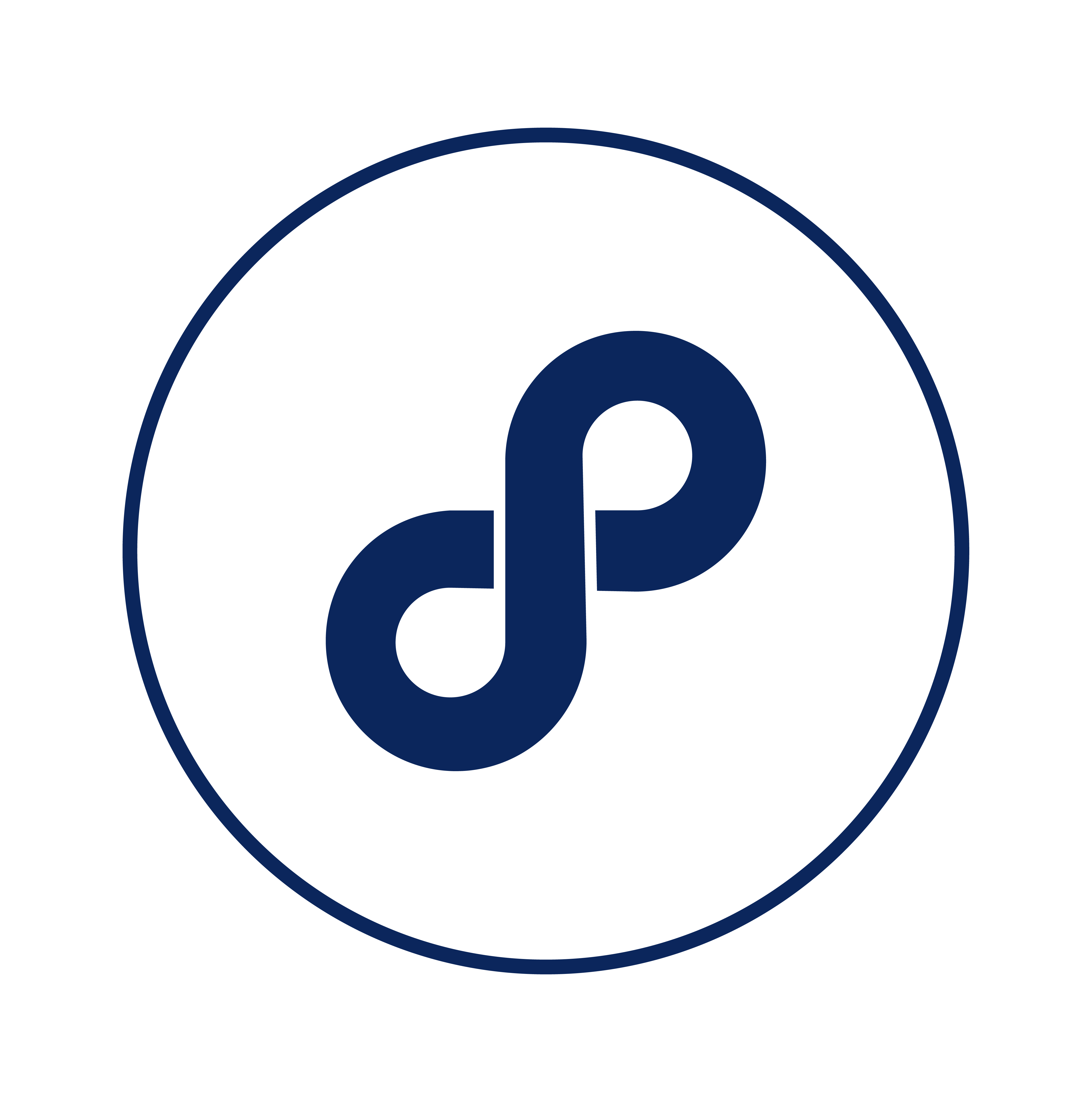 A stylized dark blue infinity symbol inside a thin circle.