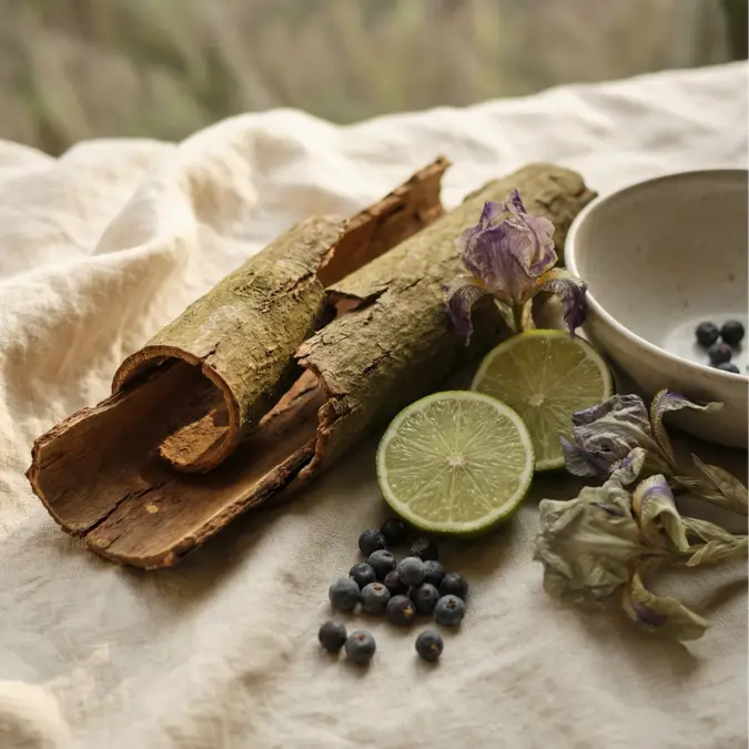 A still life of bark, sliced limes, small berries, and dried purple flowers on a cloth.