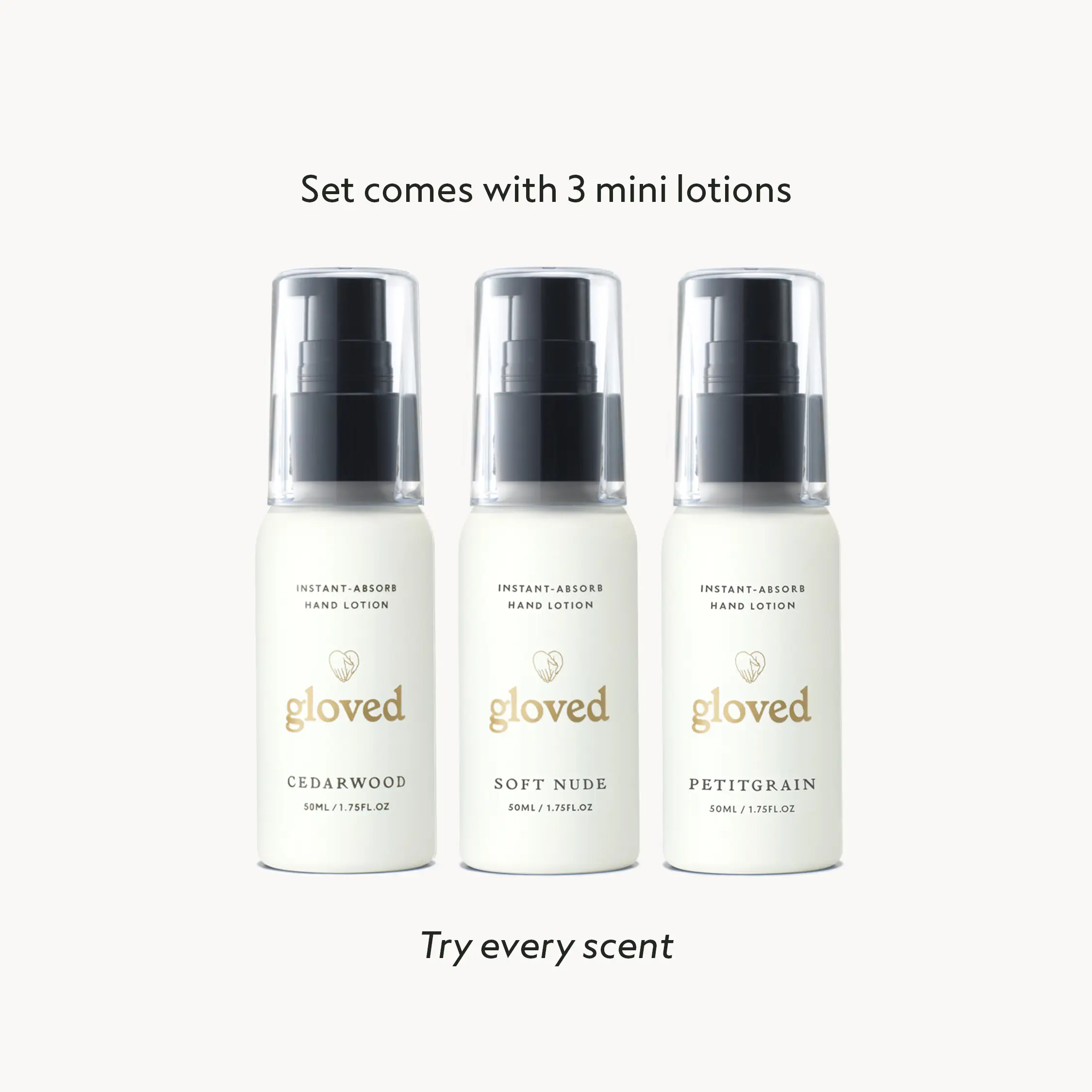 Three mini bottles of Gloved brand hand lotion in Cedarwood, Soft Nude, and Petitgrain scents.