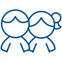 A simple blue line icon of two children, a boy and a girl, holding hands.