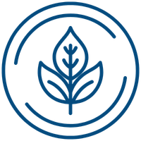A blue line-art icon of a stylized leaf enclosed in two concentric circles.