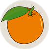 A simple illustration of an orange with a single green leaf, inside a circular border.