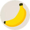A cartoon illustration of a yellow banana inside a circular frame.