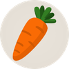 An illustration of a single orange carrot with green tops, set inside a light gray circle.