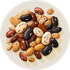 An overhead view of a variety of colorful dried beans on a small, off-white plate.