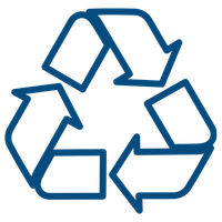 A blue outline of the universal recycling symbol with three chasing arrows on a white background.