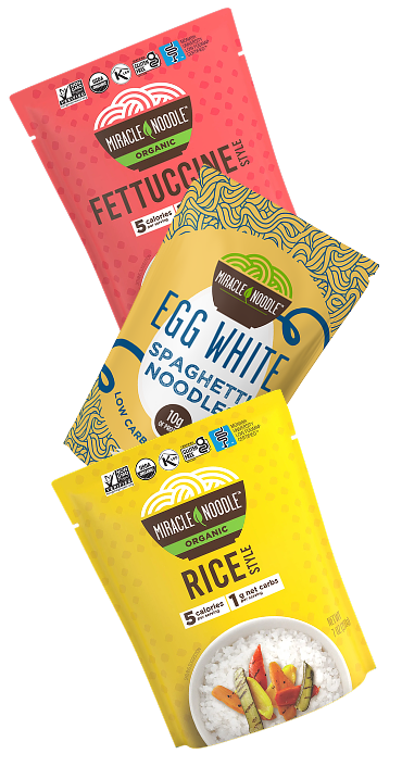 Three colorful Miracle Noodle product packages: fettuccine, spaghetti, and rice style.