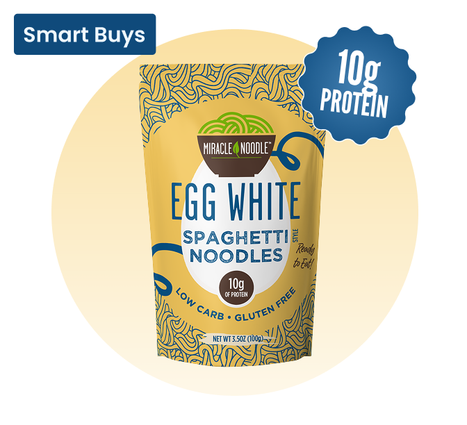 Egg white spaghetti noodles package with 10g protein label.
