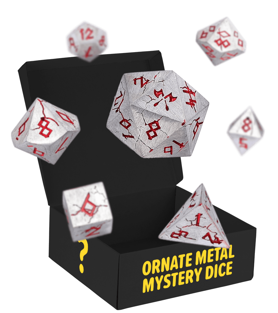 Floating metal dice with red numbers above a black box labeled 'Ornate Metal Mystery Dice.'