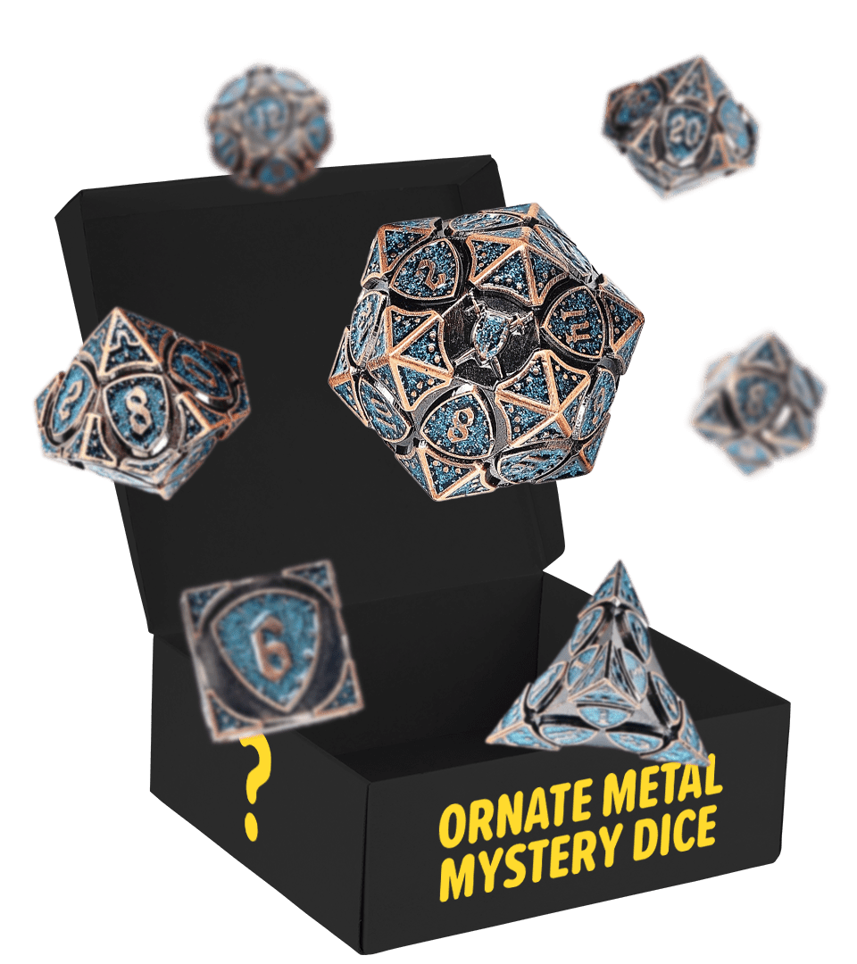 Ornate metal dice set with blue details in a black box labeled 'Ornate Metal Mystery Dice.'
