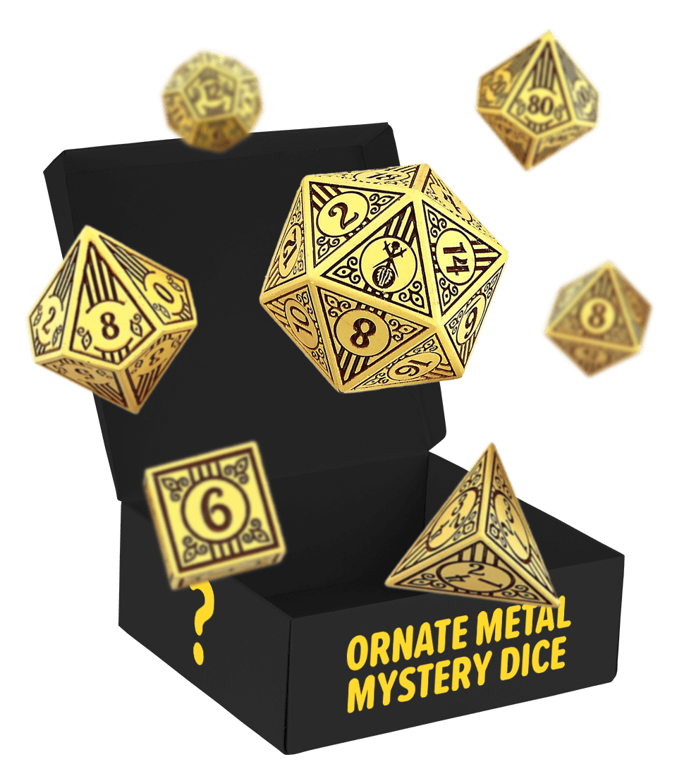 Ornate metal dice with numbers, floating above a black box labeled 'Ornate Metal Mystery Dice.'