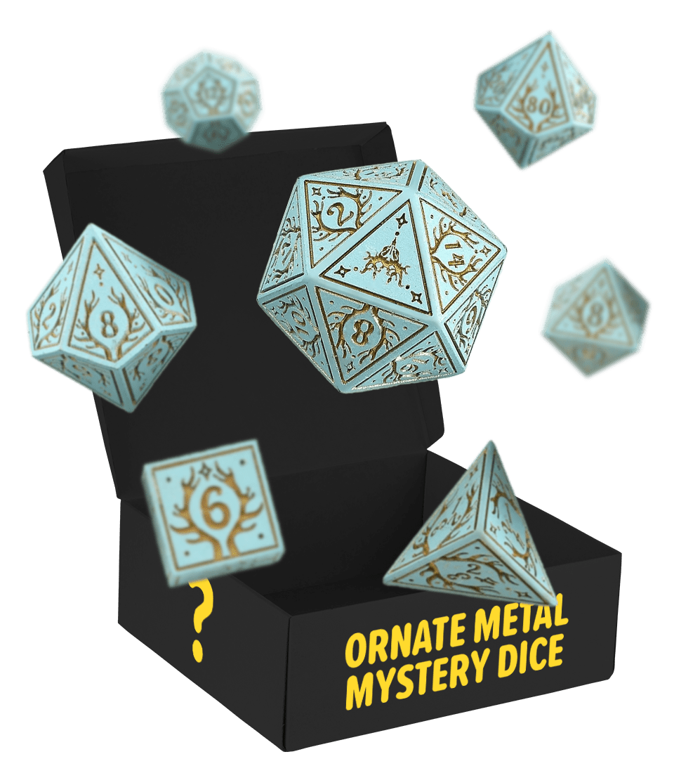 Ornate metal dice set with intricate designs, displayed with a black box labeled 'Ornate Metal Mystery Dice.'