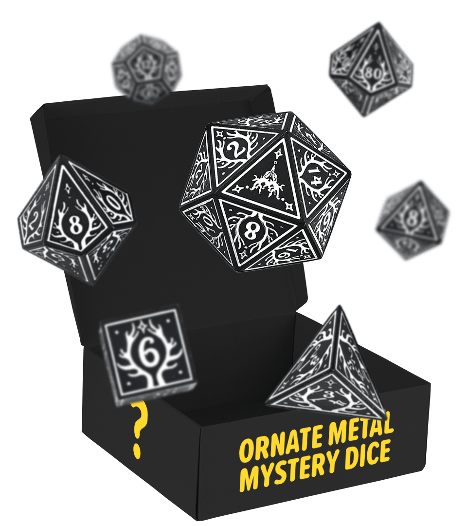 Black box with ornate metal dice labeled 'Ornate Metal Mystery Dice.'