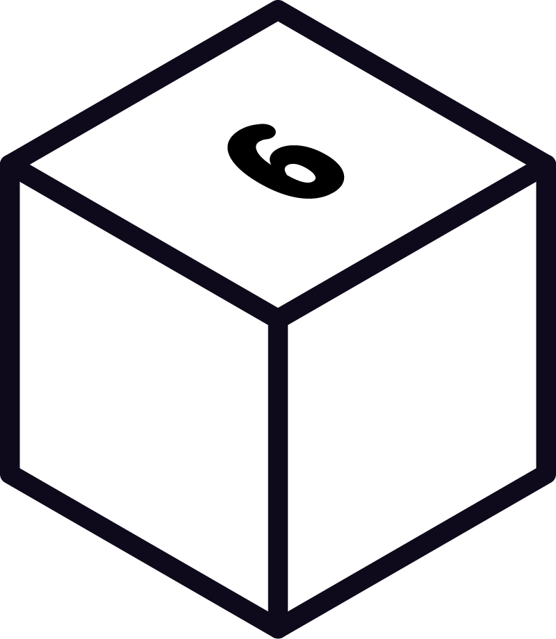 Isometric cube with the number six on top.