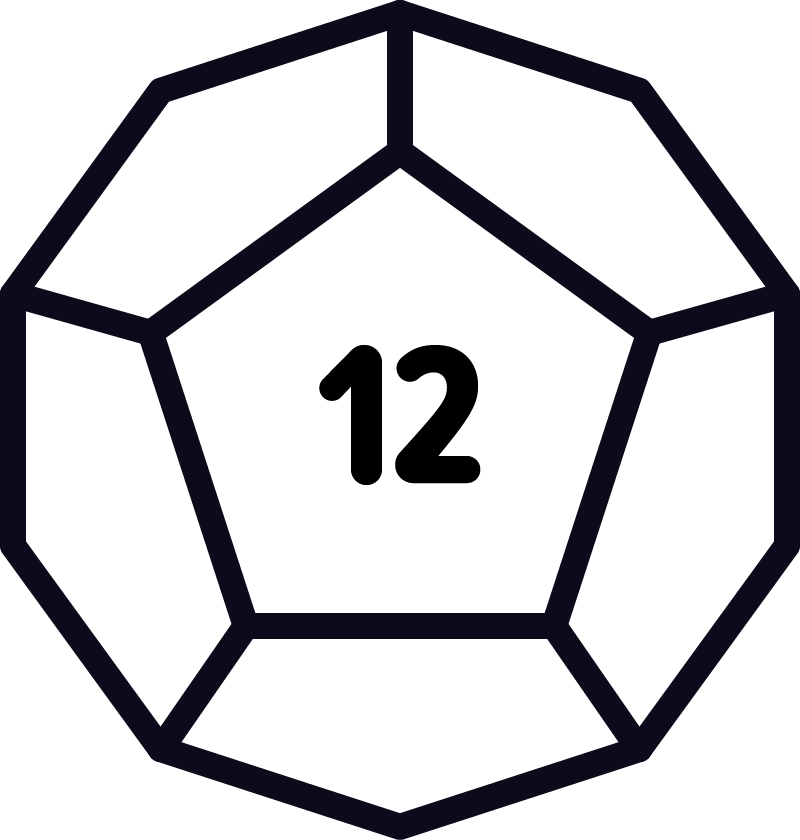 Black outline of a dodecahedron with the number 12 inside.
