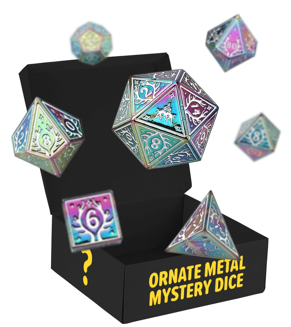 Colorful ornate metal dice set with intricate designs, displayed above a black box.