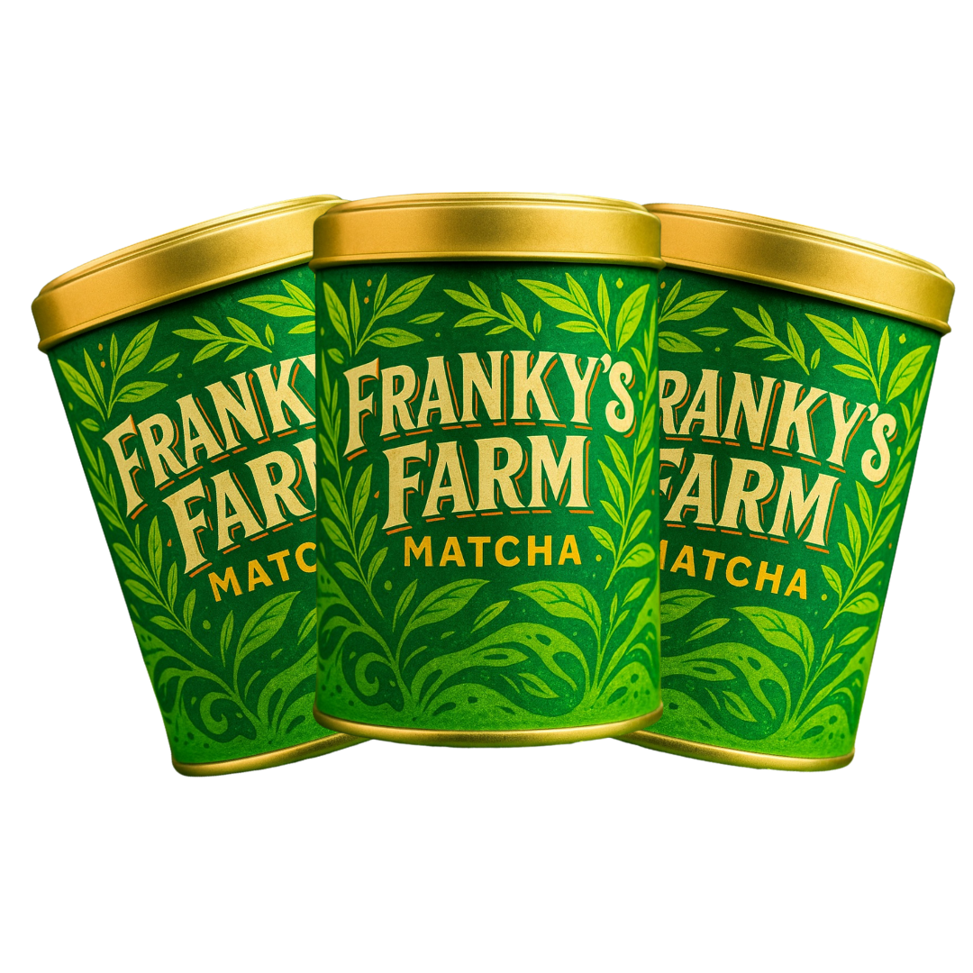Three green matcha containers labeled 'Franky's Farm' with gold lids.