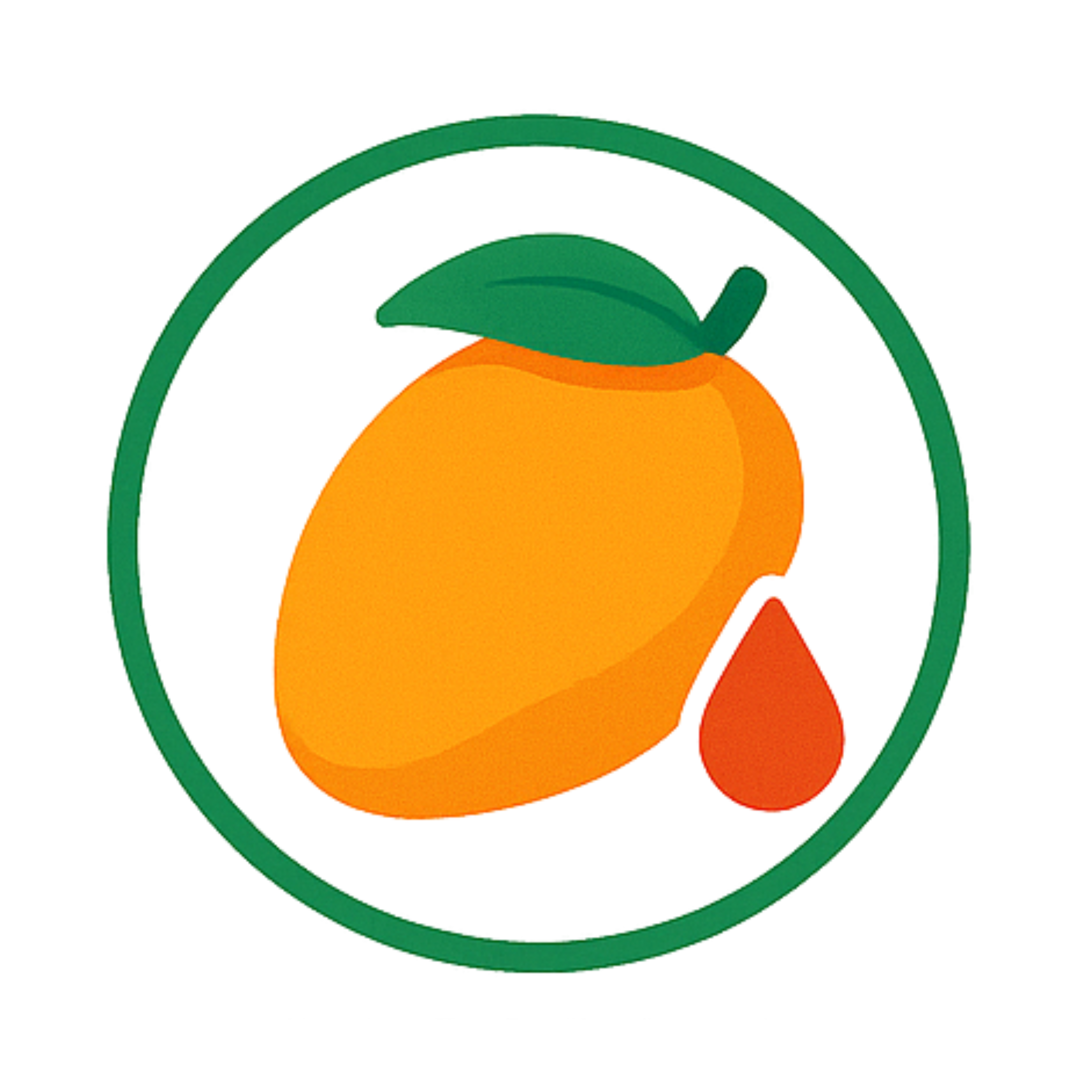 Illustration of a mango with a leaf and a red droplet inside a green circle.