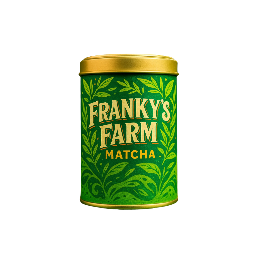Green tin labeled 'Franky's Farm Matcha' with leaf design.