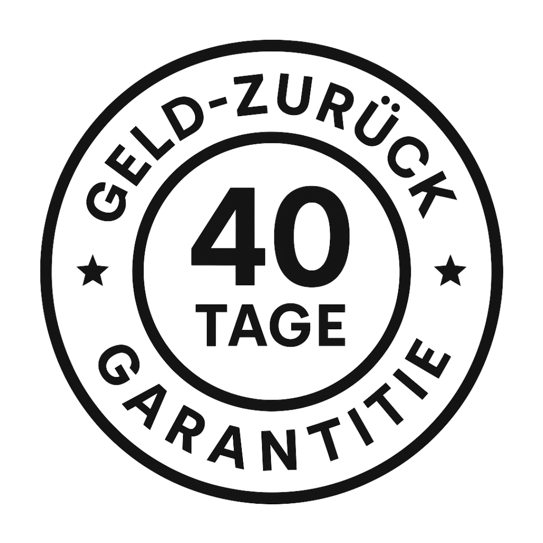 Circular badge with '40 Tage Geld-Zurück Garantie' text.
