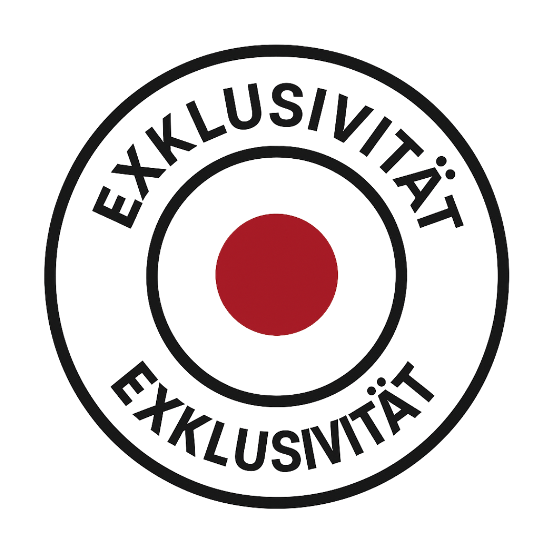 Black circle with 'Exklusivität' text and a red dot in the center.