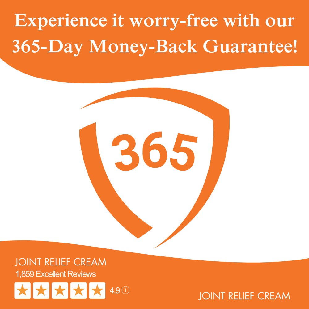 Orange and white graphic with '365-Day Money-Back Guarantee' text and star ratings.