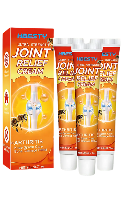 Three tubes and a box of joint relief cream with bee imagery.