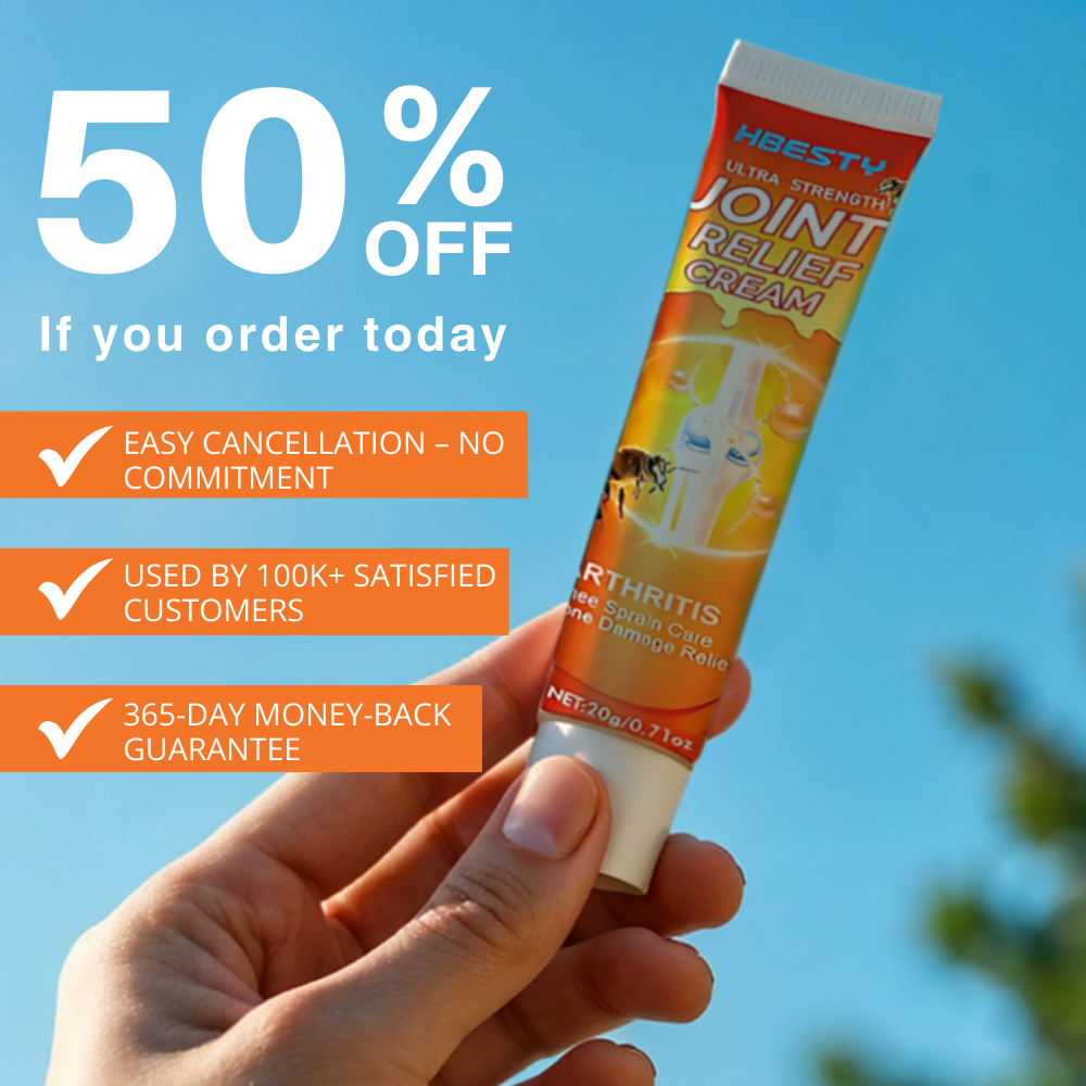Hand holding joint relief cream tube with promotional text and blue sky background.