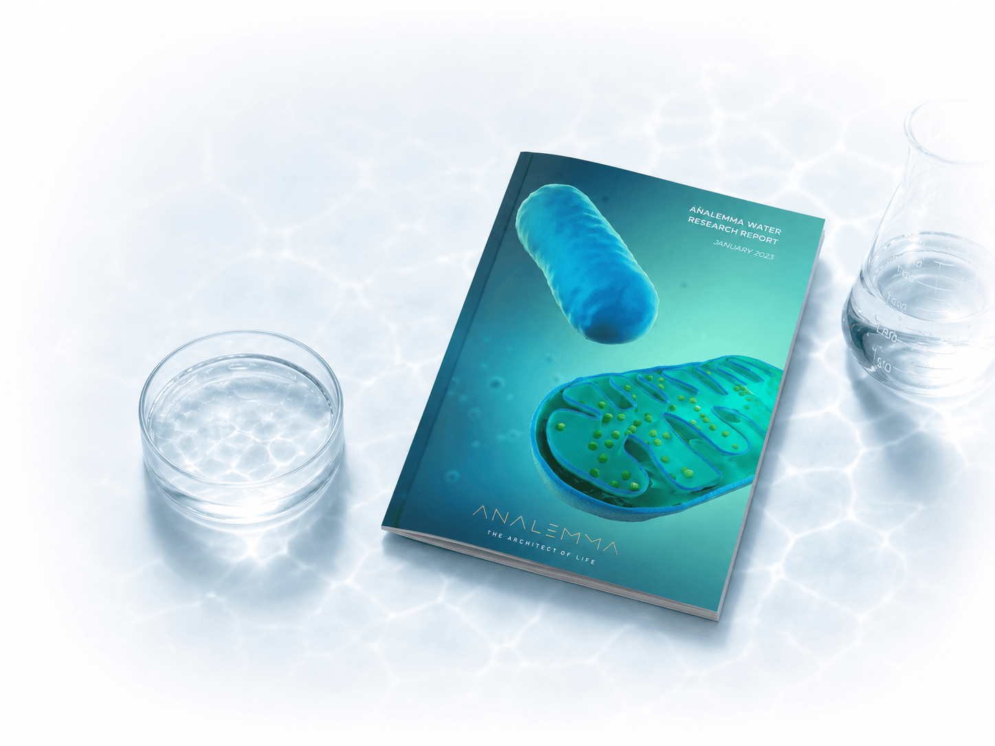 An 'Analemma Water Research Report' booklet lies next to a petri dish and a flask on a white surface.