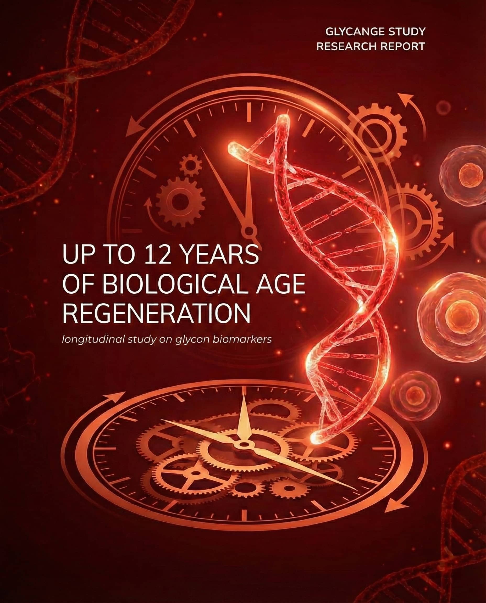 A graphic with DNA strands, clocks with gears, and cells on a red background.