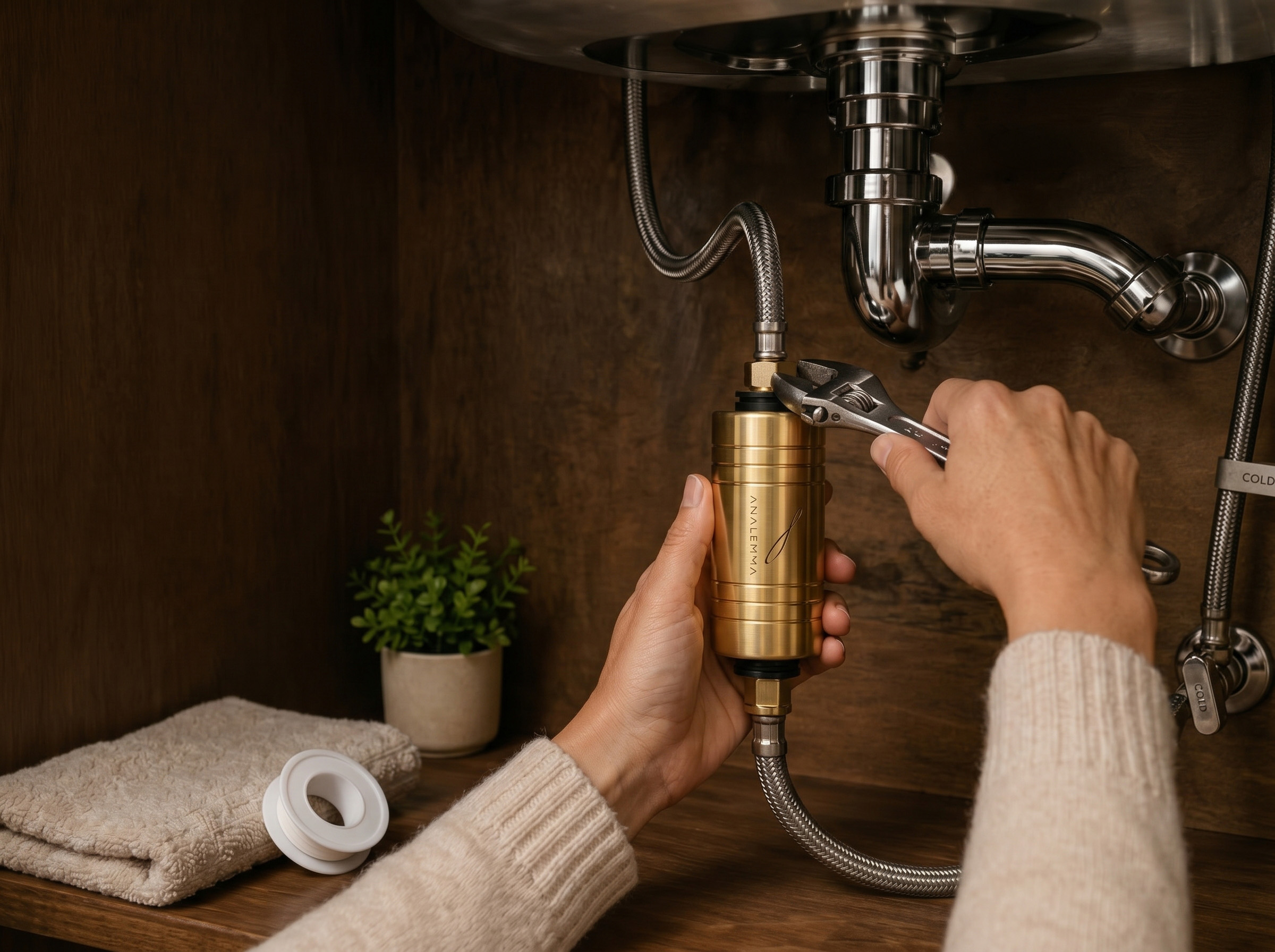 A person installs a gold water filter onto the plumbing under a sink using a wrench.