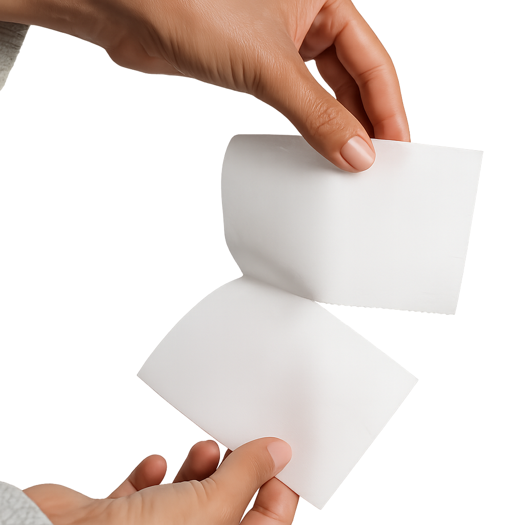 Hands holding a small open blank booklet.
