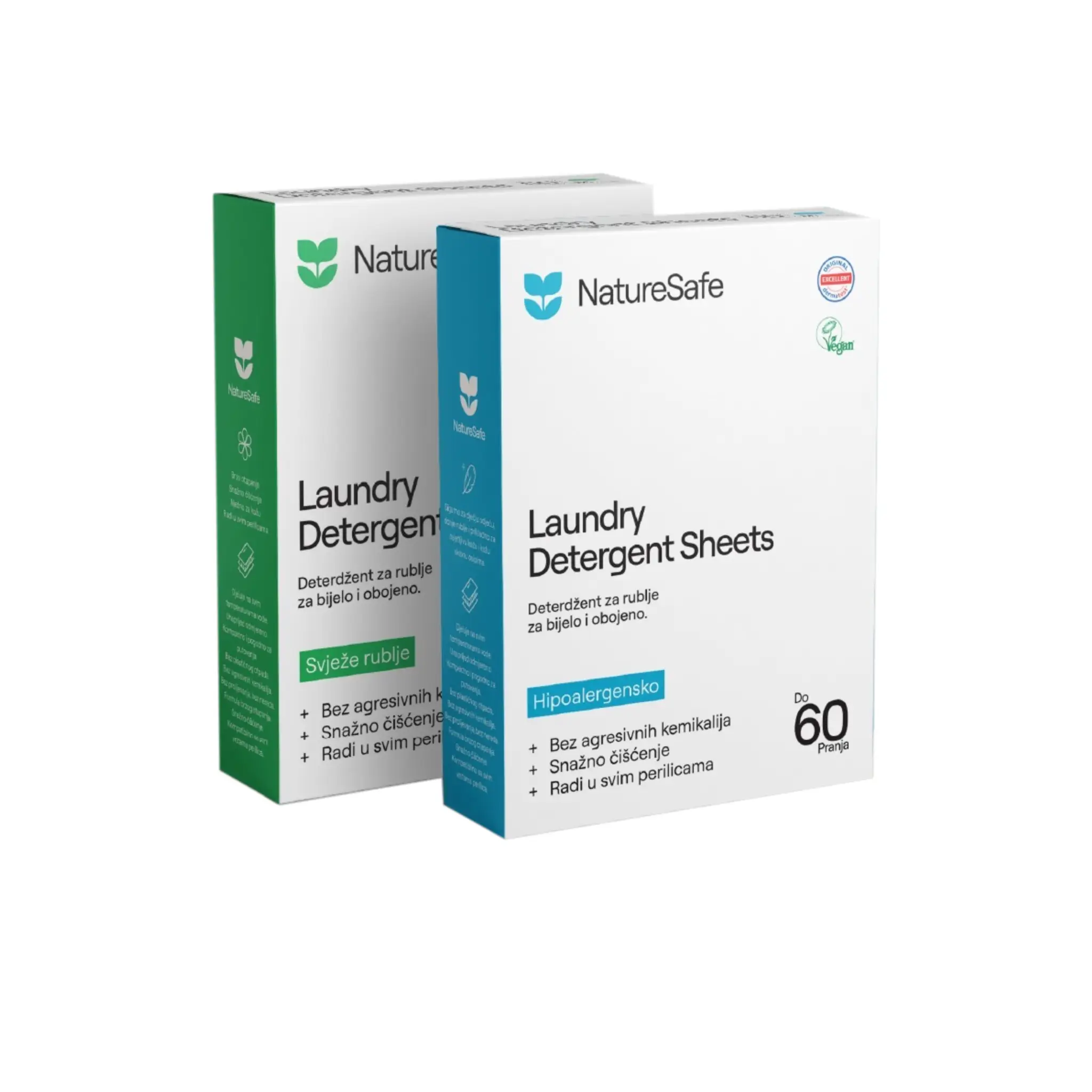 Two boxes of NatureSafe laundry detergent sheets, green and blue accents.