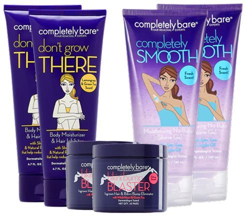 A collection of hair removal and aftercare products from the brand completely bare on a white background.