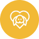 A yellow circular icon showing a white outline of a dog's face inside a heart.
