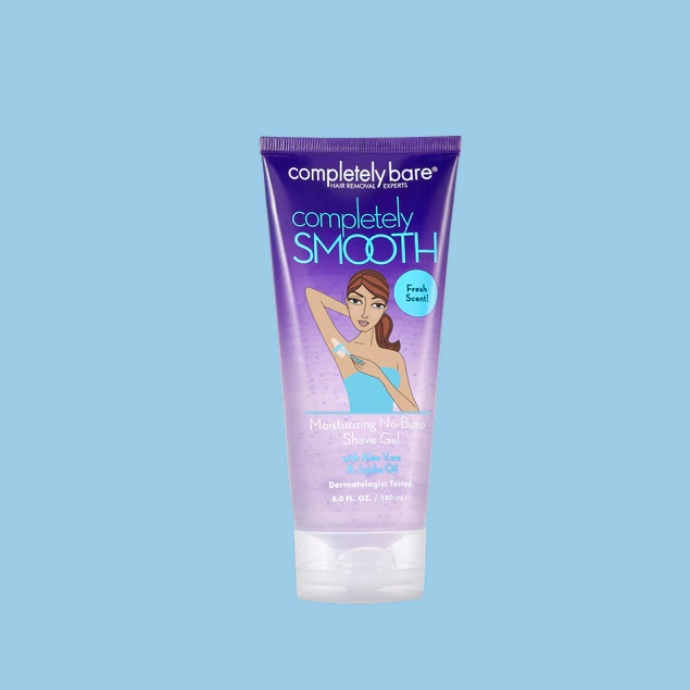 A purple tube of completely bare Completely Smooth shave gel on a blue background.