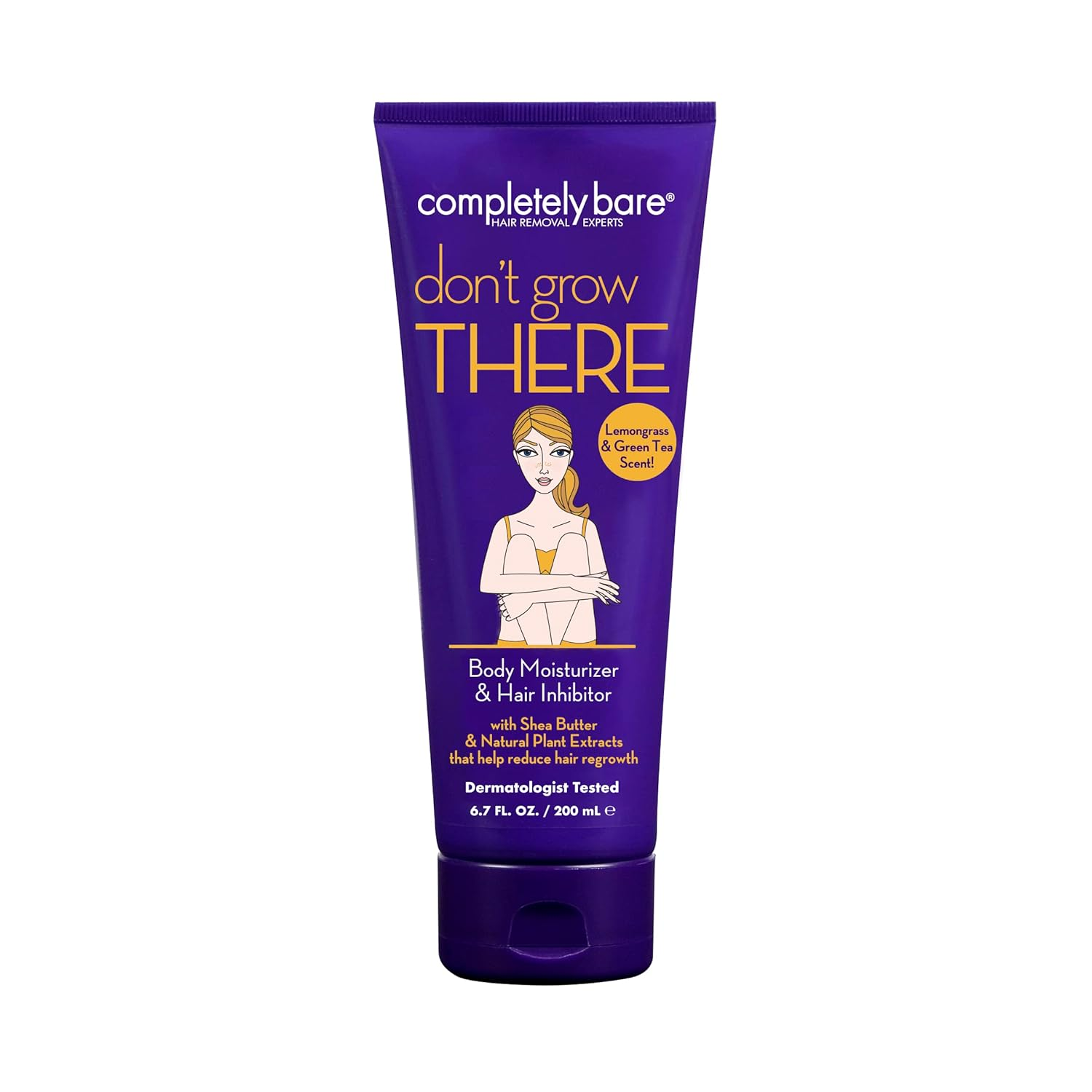 A purple tube of completely bare don't grow THERE Body Moisturizer & Hair Inhibitor on a white background.