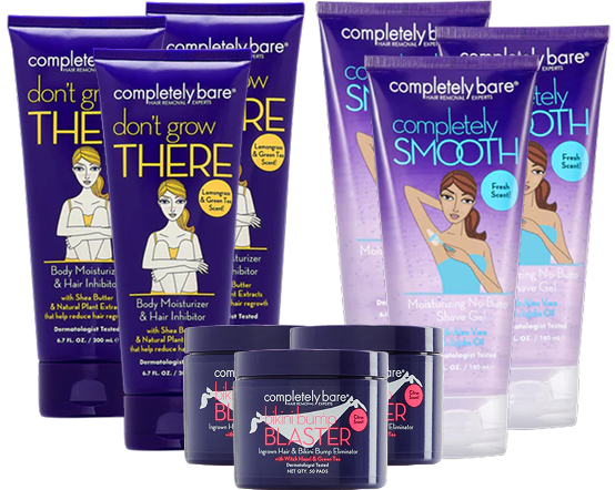 An assortment of Completely Bare hair removal products, including moisturizers, shave gels, and bump blasters, on a white background.