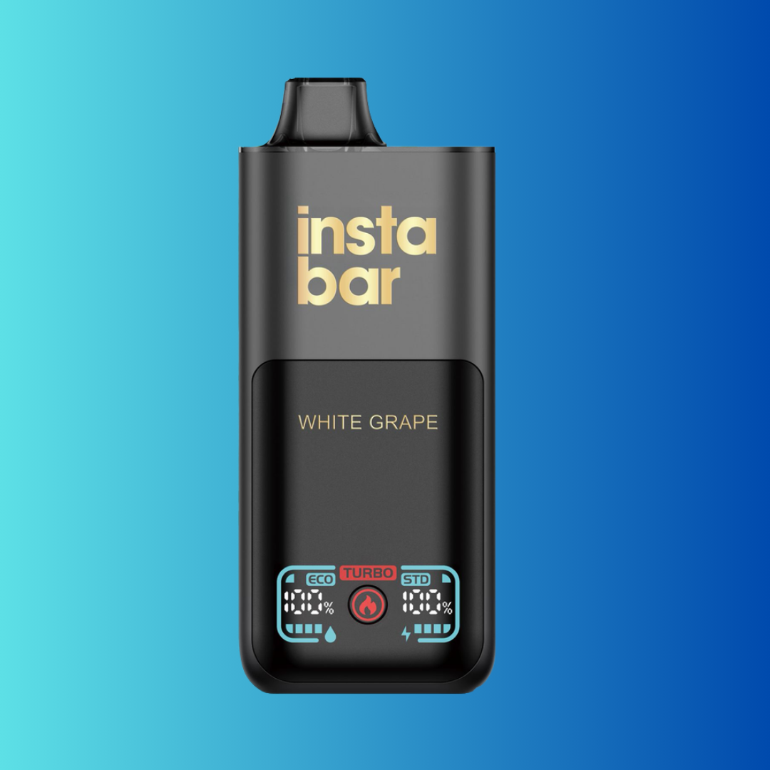 Black device labeled 'insta bar', 'WHITE GRAPE', with control icons, on blue background.