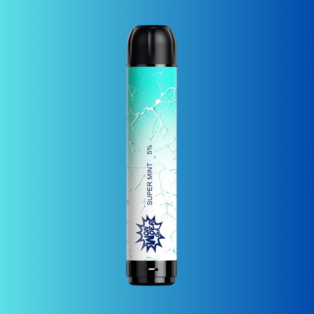 Black and blue vape pen labeled 'Super Mint' against a gradient blue background.