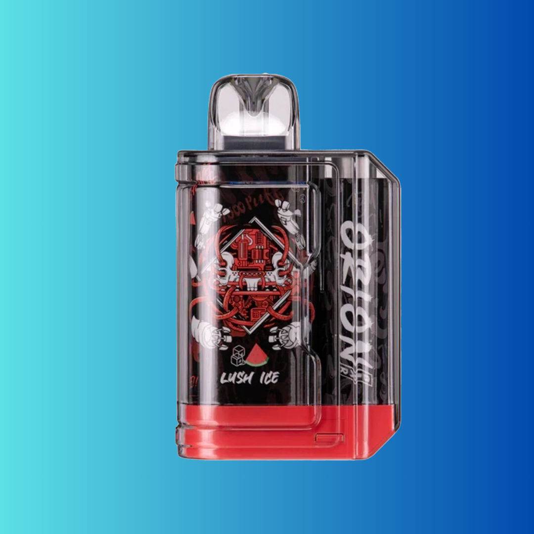 Black and red vape device with decorative graphics on a blue gradient background.