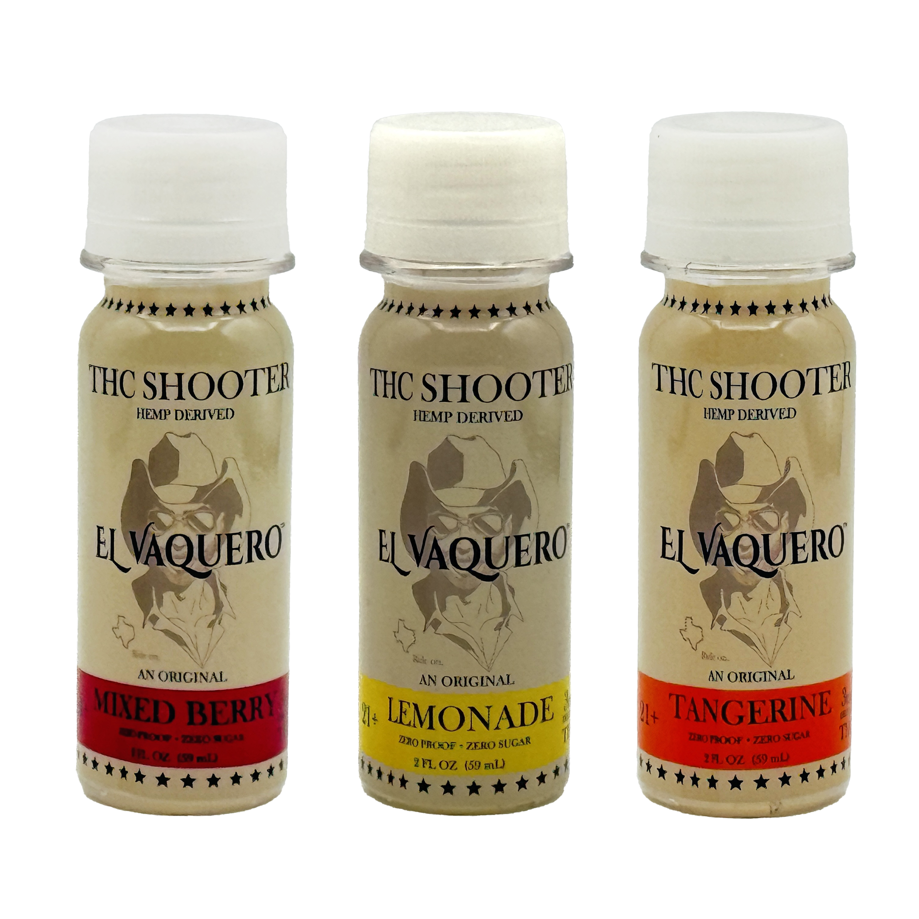 Three small bottles of El Vaquero THC Shooter in Mixed Berry, Lemonade, and Tangerine flavors against a green background.