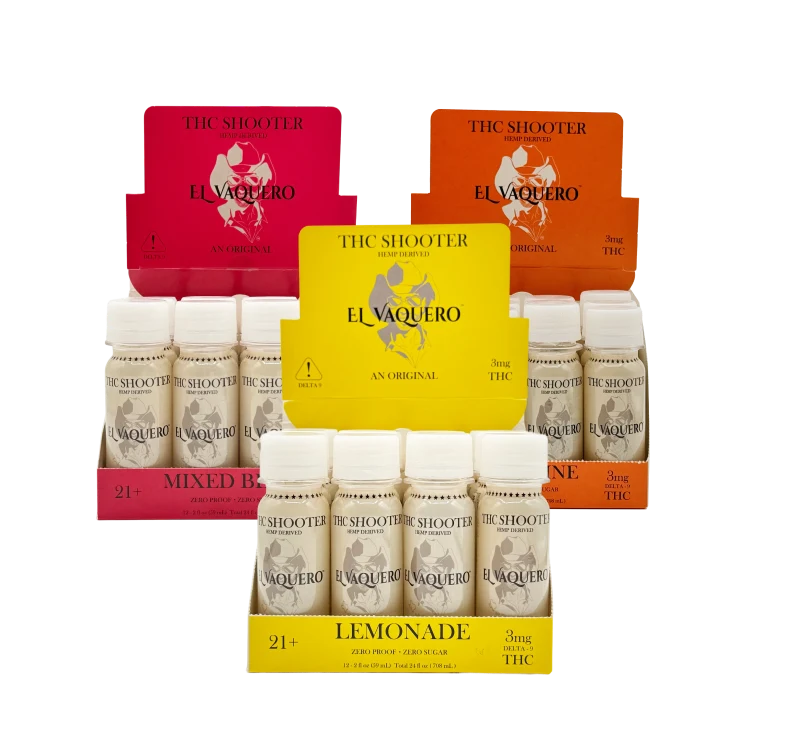 Three display boxes of El Vaquero THC shooter bottles in various flavors.